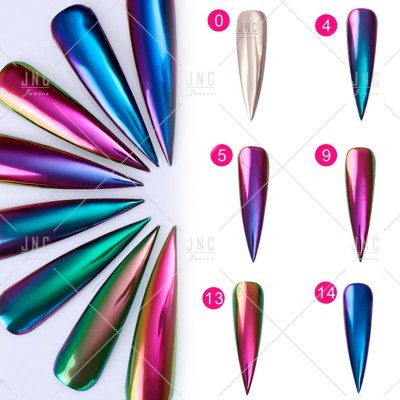 Unhas postiças stiletto cromadas coloridas dispostas em círculo sobre fundo branco com números