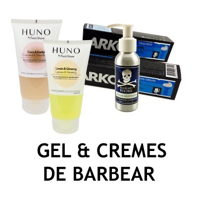 Produtos de barbear como gel e cremes, com tubos, embalagem e frasco, sobre fundo branco