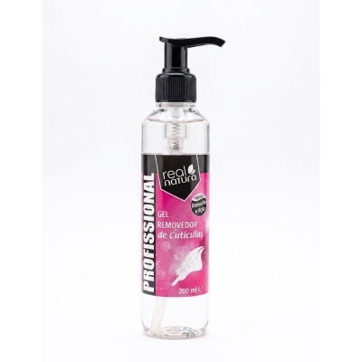 Frasco de gel removedor de cutículas Real Natura 200 ml com doseador preto e rótulo rosa e preto