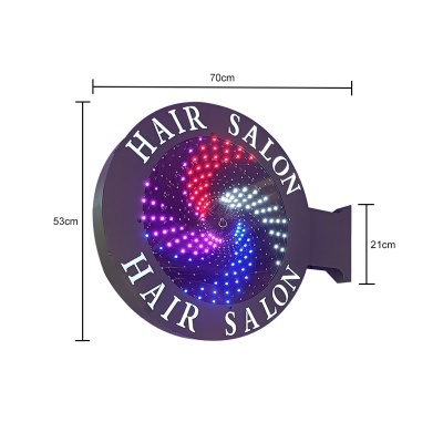 Placa iluminada redonda preta com texto HAIR SALON em branco e LED colorido em espiral