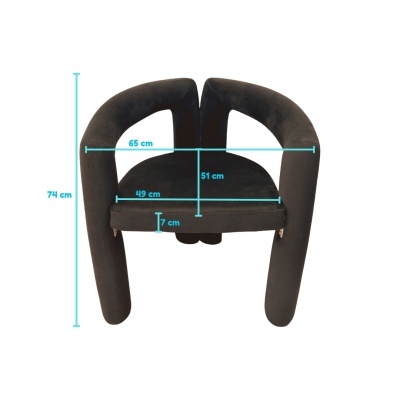 Cadeira estofada preta com design arredondado e medidas em centímetros indicadas.