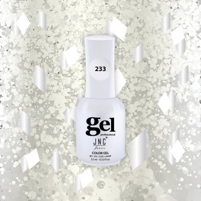 Frasco branco de verniz gel profissional com etiqueta preta e número 233 sobre fundo brilhante prateado