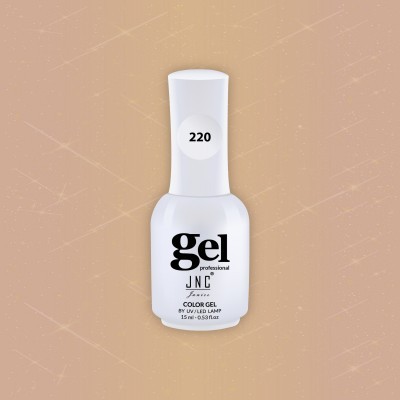Frasco branco de verniz gel para unhas com etiqueta preta e número 220 na tampa.