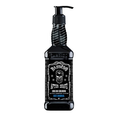 Frasco preto de After Shave Bandido com doseador e rótulo com design gráfico em branco e azul.