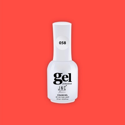 Frasco branco de verniz gel profissional para unhas com texto preto e etiqueta 058