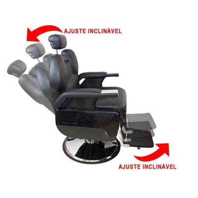 Cadeira de barbeiro preta reclinável com apoio de cabeça e pés ajustáveis