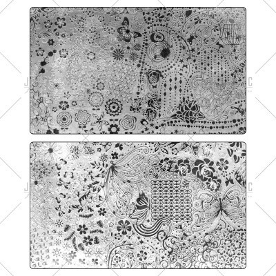 Padrões florais e borboletas em preto e branco com desenhos complexos.