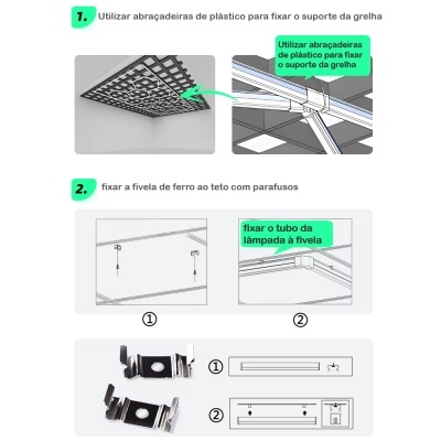 Instruções para fixar suporte de grelha com abraçadeiras de plástico e fivela de ferro