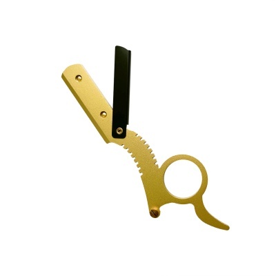 Navalha de barbear metálica dobrável dourada com lâmina preta