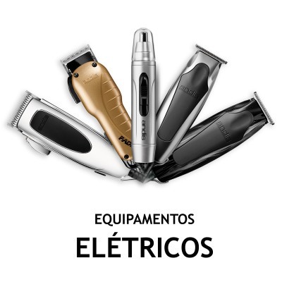 Cinco aparadores elétricos em diferentes cores sobre fundo branco com texto Equipamentos Elétricos
