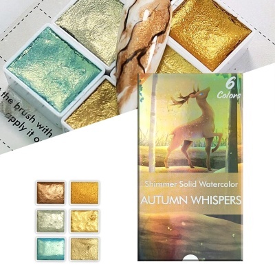 Conjunto de aguarelas sólidas cintilantes AUTUMN WHISPERS com seis cores metálicas.