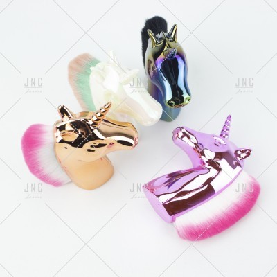 Escovas de maquilhagem unicórnio metálicas coloridas com cerdas em rosa, branco e preto