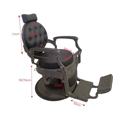 Cadeira de barbeiro preta com assento e encosto acolchoados, apoio para pés e braços, base circular