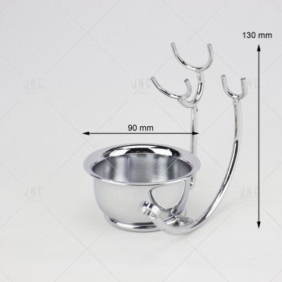 Suporte metálico cromado com tigela circular e ganchos, fundo branco