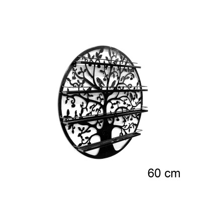 Suporte de parede circular preto com design de árvore e prateleiras