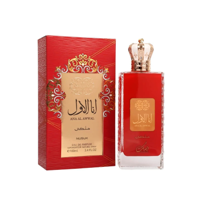 Frasco vermelho de perfume ANA AL AWWAL com tampa dourada em forma de coroa e embalagem retangular vermelha com texto dourado.