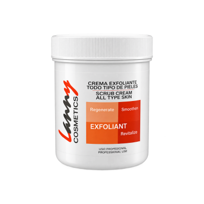 Frasco branco de creme exfoliante da marca Lamy Cosmetics com texto em português e inglês