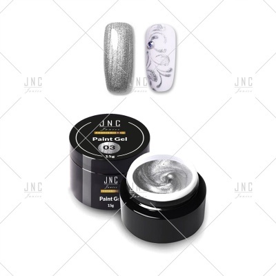 Gel de pintura para unhas prata metálico JNC com embalagem preta e exemplos de unhas decoradas