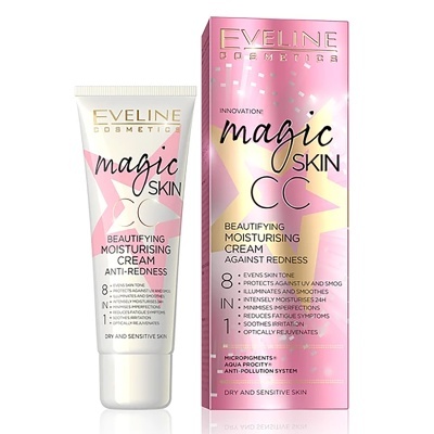 Creme hidratante Magic Skin CC da Eveline com embalagem rosa e tubo branco.