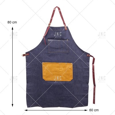 Avental azul escuro com bolso amarelo mostarda e alças marrons