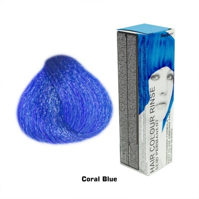 Caixa de coloração semi-permanente azul Coral Blue com amostra de cor de cabelo azul