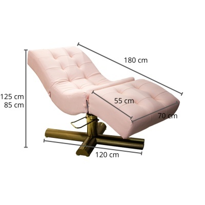 Cadeira reclinável rosa estofada com base metálica dourada e dimensões indicadas.