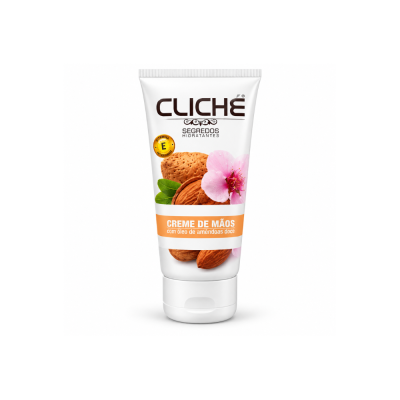 Creme de mãos Cliché com óleo de amêndoas doce, embalagem branca com amêndoas e flor rosa.