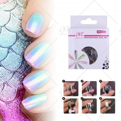Embalágem de produto para arte de unhas JNC com instruções e imagem de unhas decoradas
