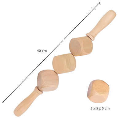 Rolo de massagem em madeira com três cubos e dois cabos