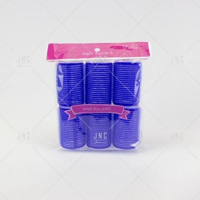 Conjunto de seis rolos de cabelo azuis em embalagem de plástico transparente com etiqueta rosa.