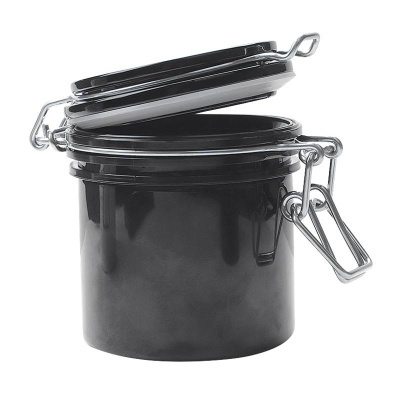 Pote cerâmico preto com tampa e fecho metálico