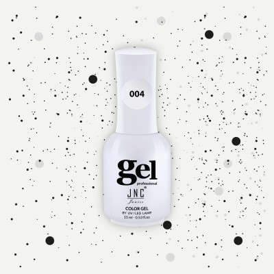 Frasco branco de verniz em gel JNC código 004 com padrão de pontos pretos no fundo