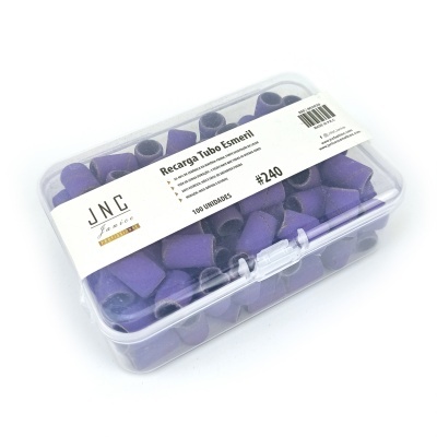 Recarga de tubo esmeril roxa em caixa plástica transparente com etiqueta