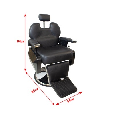 Cadeira de barbeiro preta com apoios de cabeça e pés, base cromada e dimensões visíveis