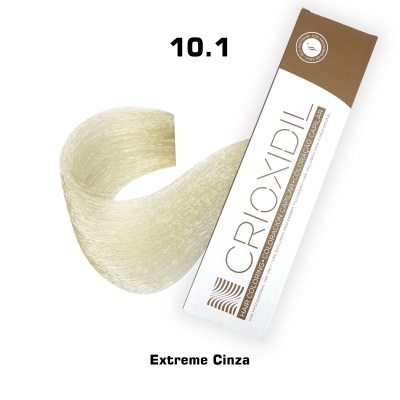 Amostra de cor de cabelo 10.1 Extreme Cinza ao lado de embalagem CroxDIL branca e castanha