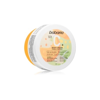 Creme corporal Babaria Vitamina C em embalagem branca e amarela