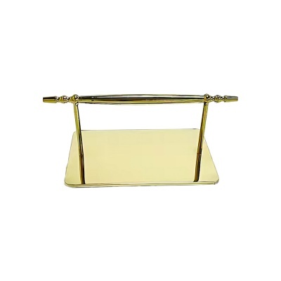 Suporte retangular dourado em metal com base e haste decorativa