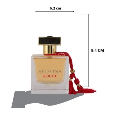 Frasco de perfume transparente com tampa dourada e cordão vermelho