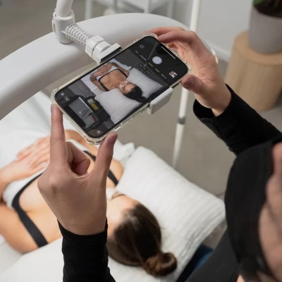 Smartphone a fotografar mulher deitada de costas numa cama branca