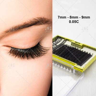 Close-up de olho com pestanas postizas e caixa com pestanas negras e texto