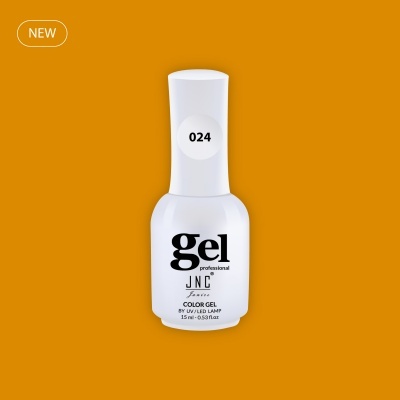 Frasco de verniz gel branco com texto preto sobre fundo laranja