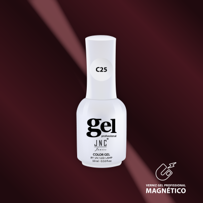 Frasco branco de verniz gel profissional JNC com código C25 sobre fundo vermelho escuro