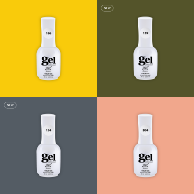 Quatro frascos de verniz gel branco com texto e códigos sobre fundos coloridos.