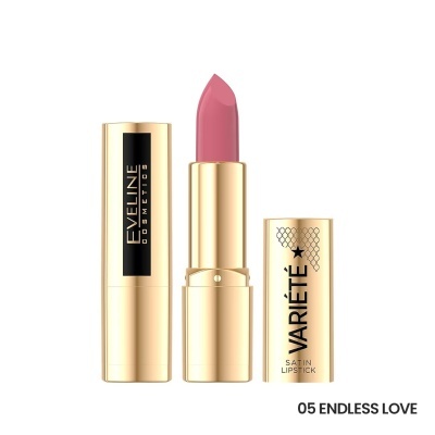 batom rosa em embalagem dourada com texto EVELINE COSMETICS e VARIETE SATIN LIPSTICK