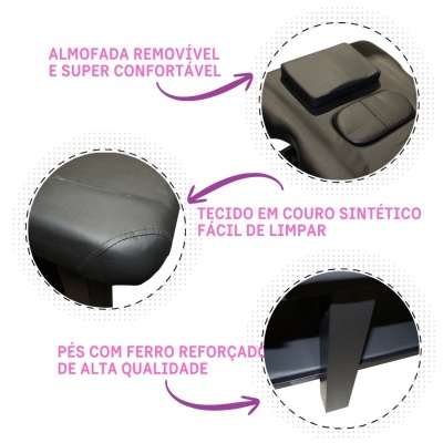 Mesa ou banco preto com detalhes em couro sintético e pés de ferro