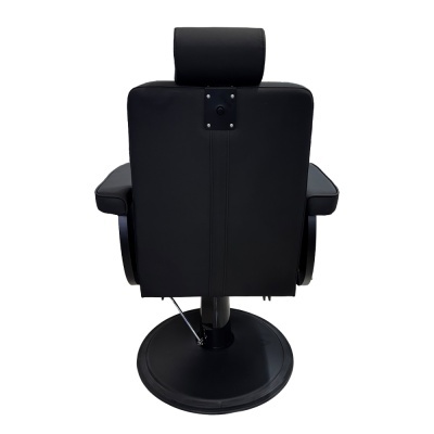 Cadeira de barbearia preta vista por trás com apoio de cabeça ajustável e base redonda