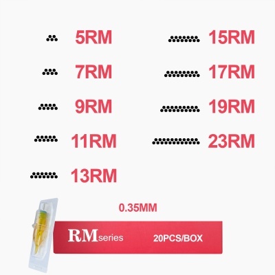 Agulhas para microblading com códigos RM e embalagem vermelha indicando 20 unidades por caixa
