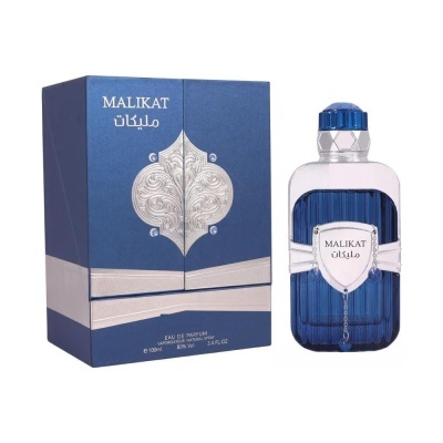 Frasco de perfume Malikat azul com caixa azul e detalhes prateados