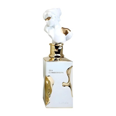 Frasco de perfume branco e dourado com uma figura de busto artística no topo