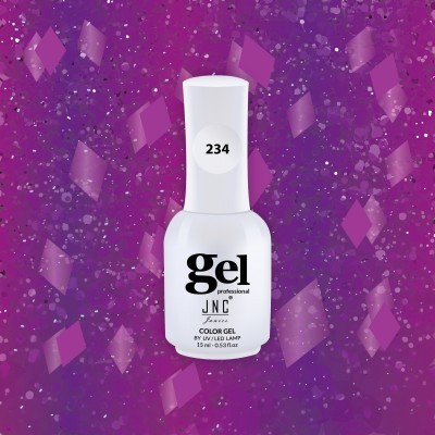 Frasco de verniz gel branco com rótulo preto e fundo roxo com losangos